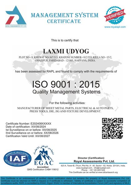 ISO 9001:2015 Quality Management System certificate issued to Laxmi Udyog